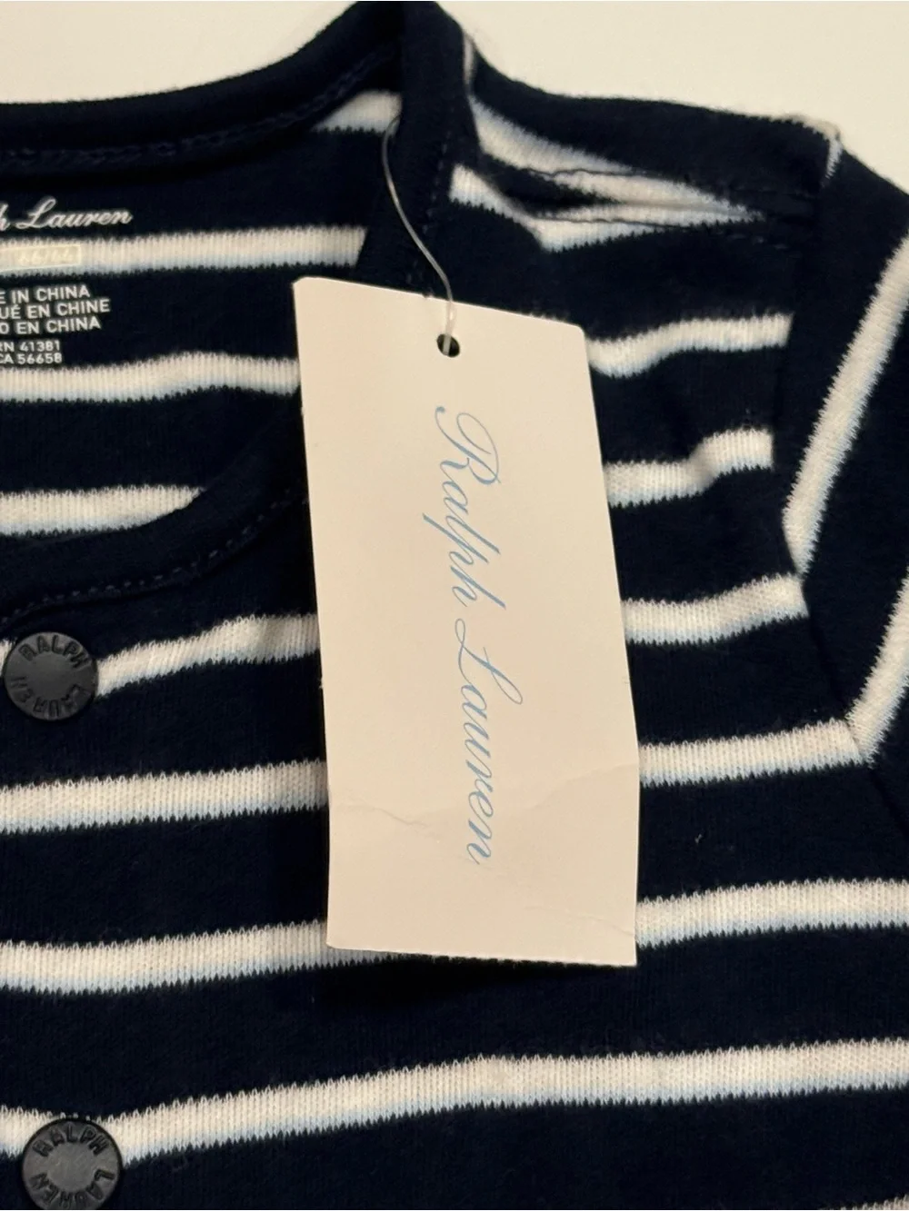 NWT Ralph Lauren Baby Navy White Striped Romper One Piece 6M Short Sleeve
